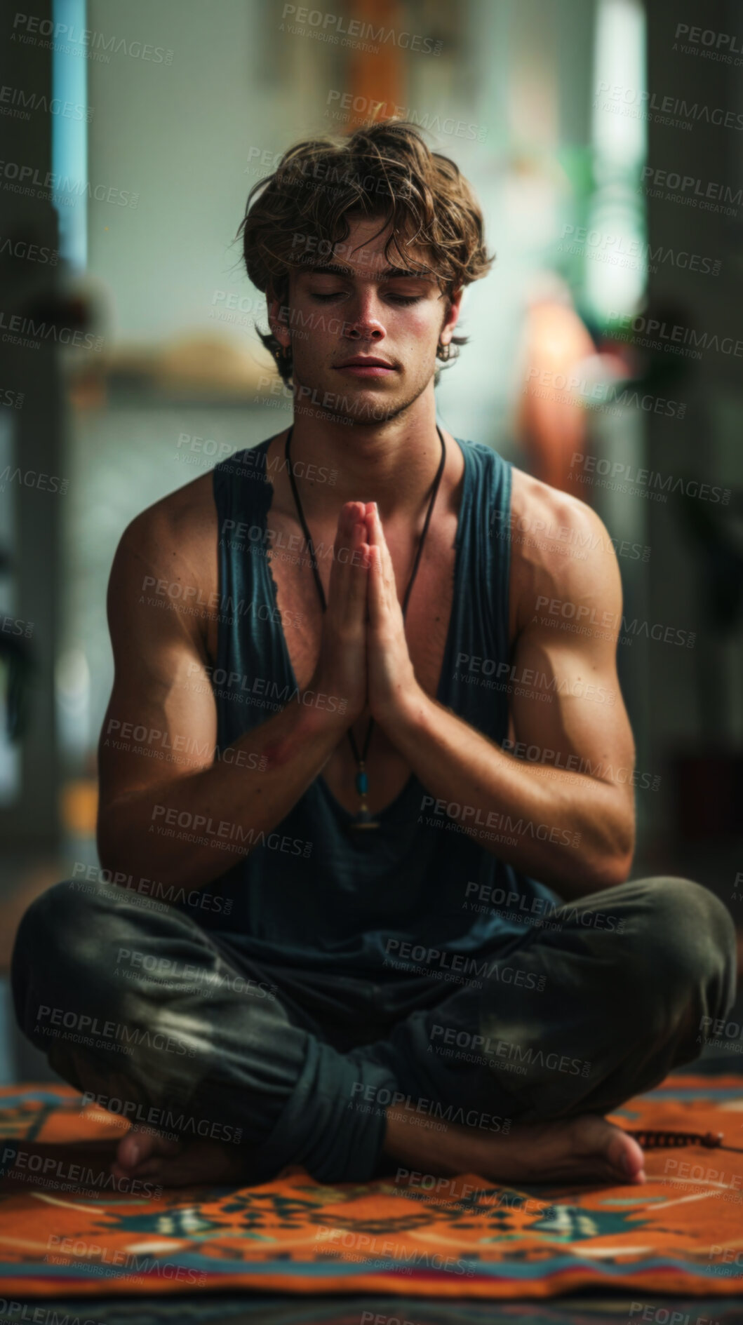 Buy stock photo Man, yoga and meditation for faith, calm and healing with mindfulness for peace. Male person, holistic mindset and spiritual for chakra exercise, energy and wellness for balance to relax or zen