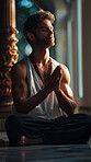 Man, yoga and meditation for peace, calm and healing with mindfulness for faith. Male person, holistic mindset and spiritual for chakra exercise, energy and wellness for balance to relax or zen