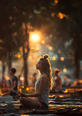 Girl, forest and calm meditation for peace or spiritual growth, emotional balance and mindfulness for mental health. People, eyes closed and breath with sunset for zen outdoor, lotus pose and chakra.