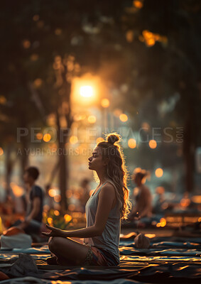 Buy stock photo Girl, forest and calm meditation for peace or spiritual growth, emotional balance and mindfulness for mental health. People, eyes closed and breath with sunset for zen outdoor, lotus pose and chakra.