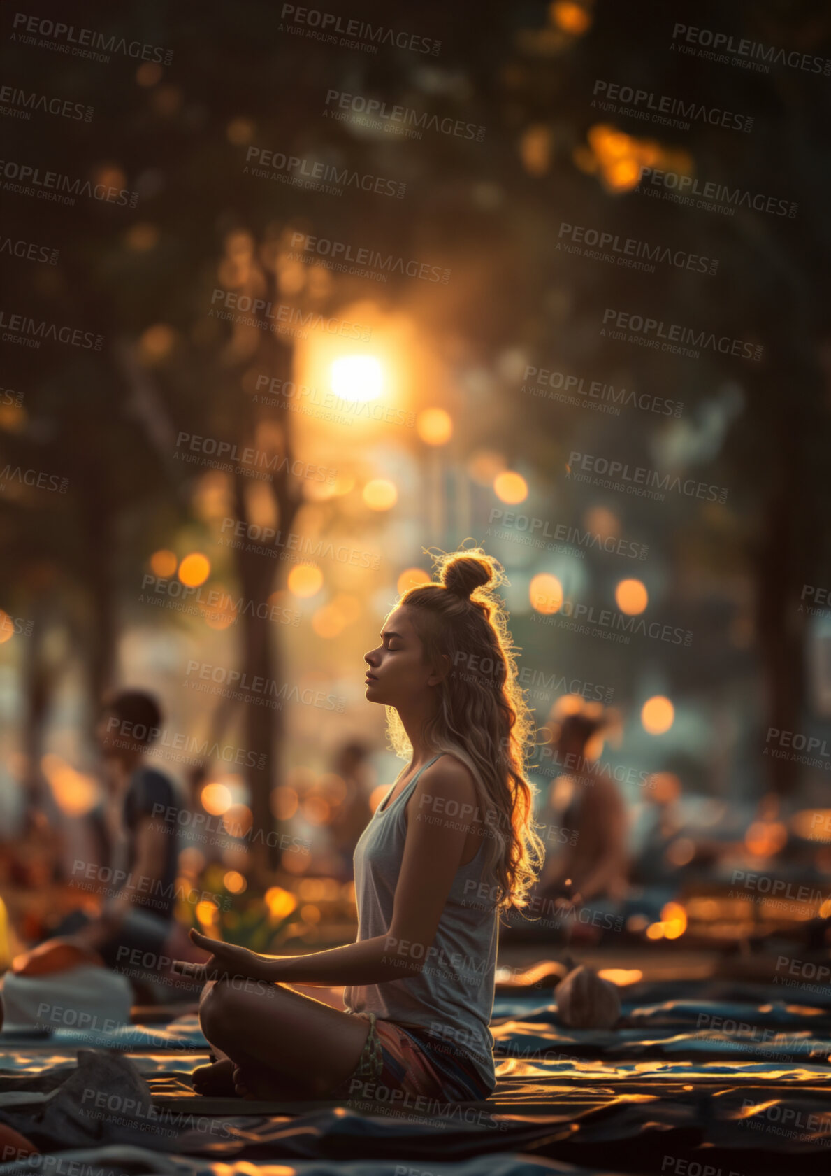 Buy stock photo Girl, forest and calm meditation for peace or spiritual growth, emotional balance and mindfulness for mental health. People, eyes closed and breath with sunset for zen outdoor, lotus pose and chakra.