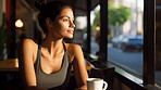 Happy woman, thinking and window with coffee at cafe for vision, dream or ambition in morning city. Young female person enjoying caffeine in wonder or relax for fresh start, break or local restaurant