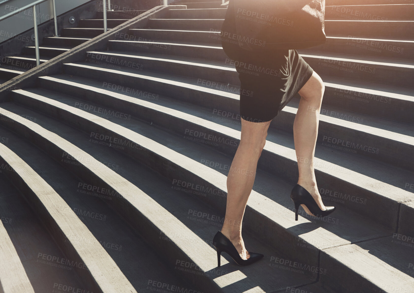 Buy stock photo Business, woman and legs for walking on stairs for workplace, hustle and commute in morning to corporate job. Professional, outdoor steps and city with shoes for climbing, travel and journey or trip.