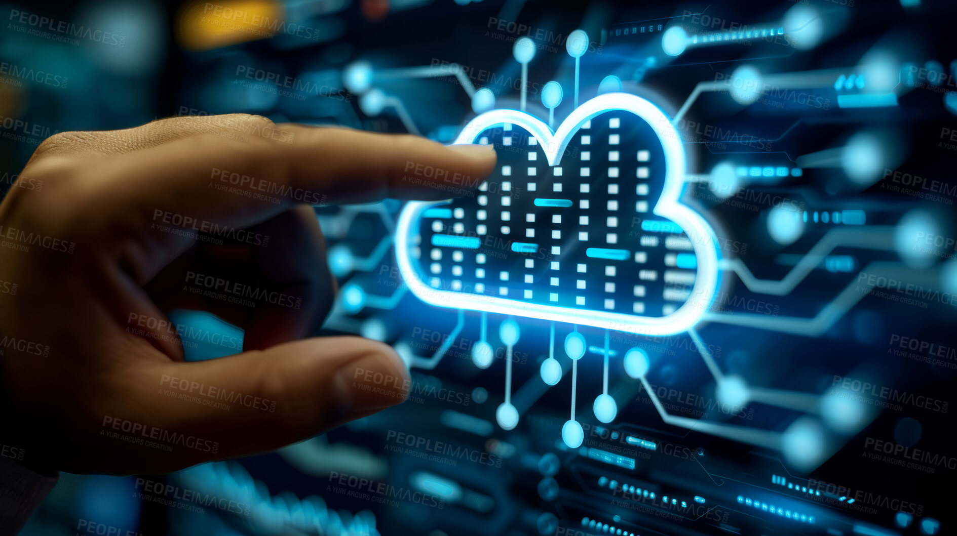 Buy stock photo Cloud computing, storage and hands on screen for user software, download and data backup in programming. Server, connection and business integration with person in information technology on computer