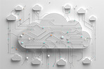 Cloud computing, futuristic and circuitboard for electronics with big data, connection or interface. Information technology, iot and digital with hardware for networking, cyber servers or web