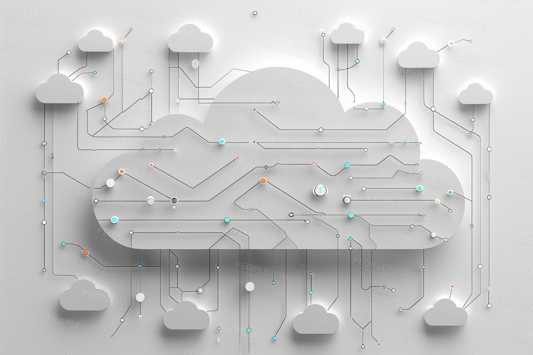 Buy stock photo Cloud computing, futuristic and circuit board for electronics with big data, connection or interface. Information technology, iot and digital with hardware for networking, cyber servers or web