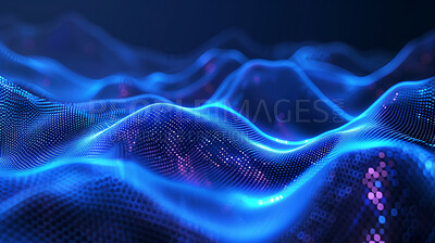 Blue, sound wave and futuristic with wallpaper, pattern or abstract with connection, coding or texture. Empty, design and cloud computing with shape, metaverse or curve with motion, energy or network