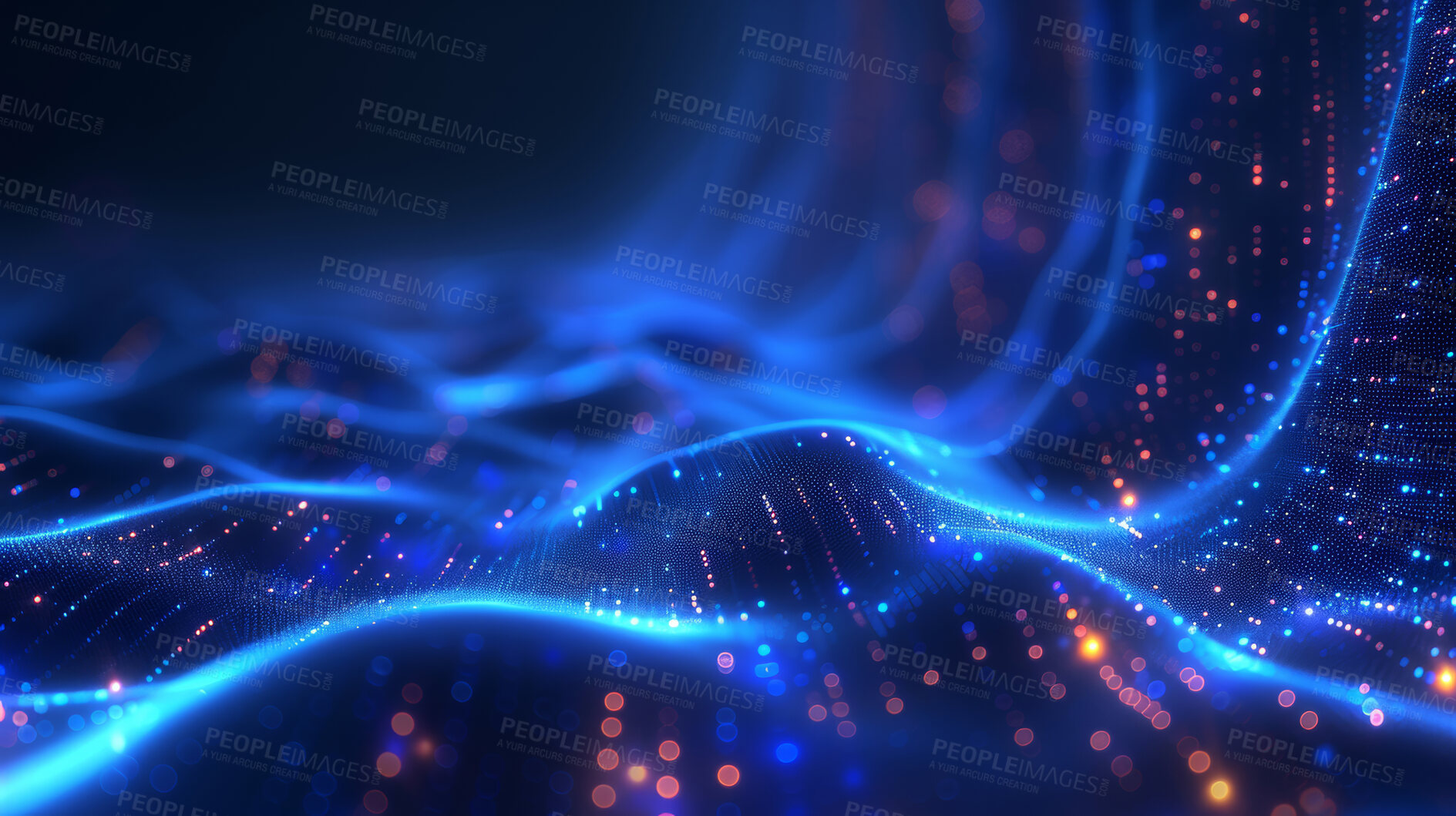 Buy stock photo Blue, sound wave and futuristic with wallpaper, science and modern fiber with connection, abstract and texture. Empty, design and cyber security with dynamic, shape and curve with motion and coding