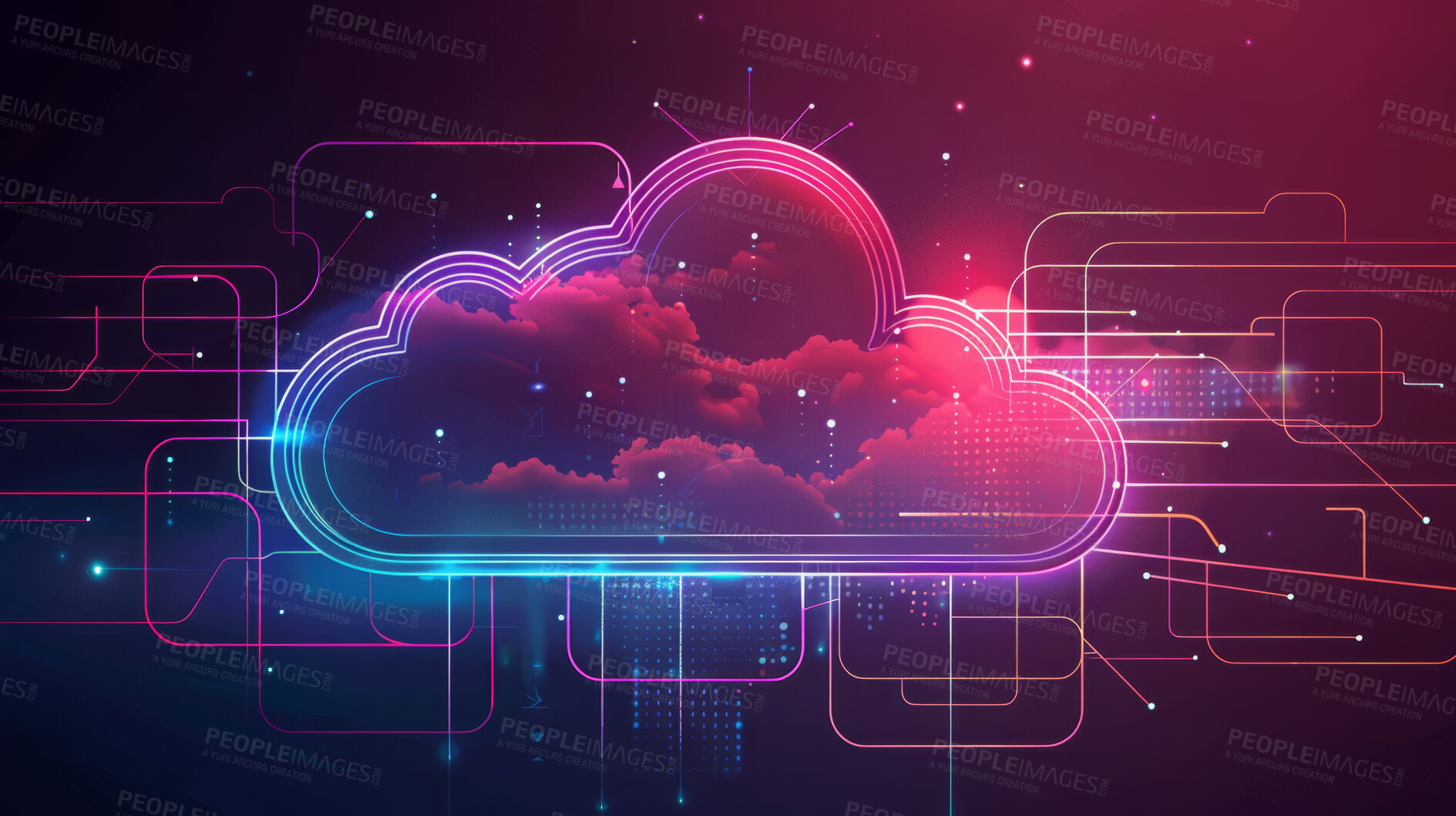 Buy stock photo Cloud computing, data and transfer for network connection or platform for storage, server and cybersecurity or backup. Information technology, system and iot for download or protection and software.