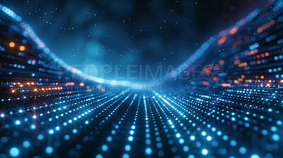 Buy stock photo Cyber, space and neon big data for digital transformation, metaverse or cloud computing for futuristic networking. High tech, bokeh or light of ai music for sound waves, innovation or virtual reality