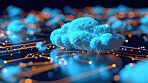 Cloud computing, futuristic and motherboard in 3d for networking with big data, connection or interface. Information technology, iot and digital with hardware or electronics, cyber servers or web