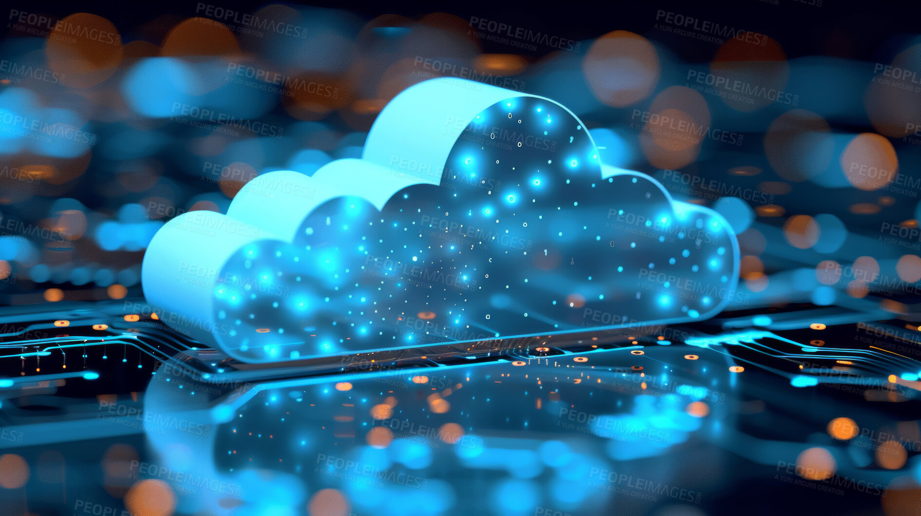 Buy stock photo Cloud, computing and connectivity for futuristic 3d, circuit board and for digital data or software connection. Transmission, storage information and tech, programming and lights or cyber motherboard