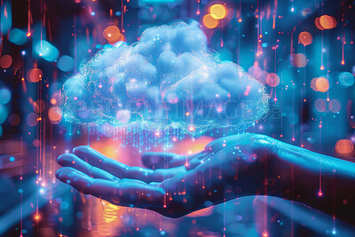 Hand, cloud and storage or big data server with bokeh lights or software cybersecurity, wallpaper or abstract. Person, palm and fingers with information technology or futuristic, engineering or cpu