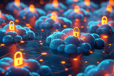 Cloud computing, storage and lock for software, cybersecurity or user data safety in futuristic 3D illustration. Circuit board, server and information technology firewall, code or password protection