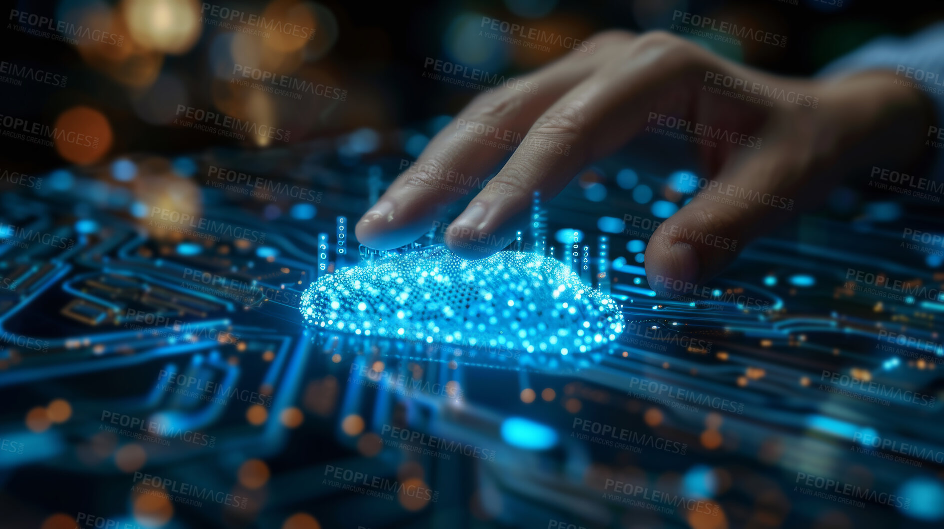 Buy stock photo Hand, circuit board and cloud computing for digital data, futuristic and software or connection transmission. Information technology, programming and 3d hologram, lights and cyber motherboard