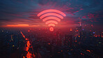 Wireless connectivity hologram, cityscape and night with sky, digital transformation and futuristic hologram. Signal icon, skyline and clouds with buildings, internet and global network on landscape