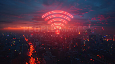 Wireless connectivity hologram, cityscape and night with sky, digital transformation and futuristic hologram. Signal icon, skyline and clouds with buildings, internet and global network on landscape