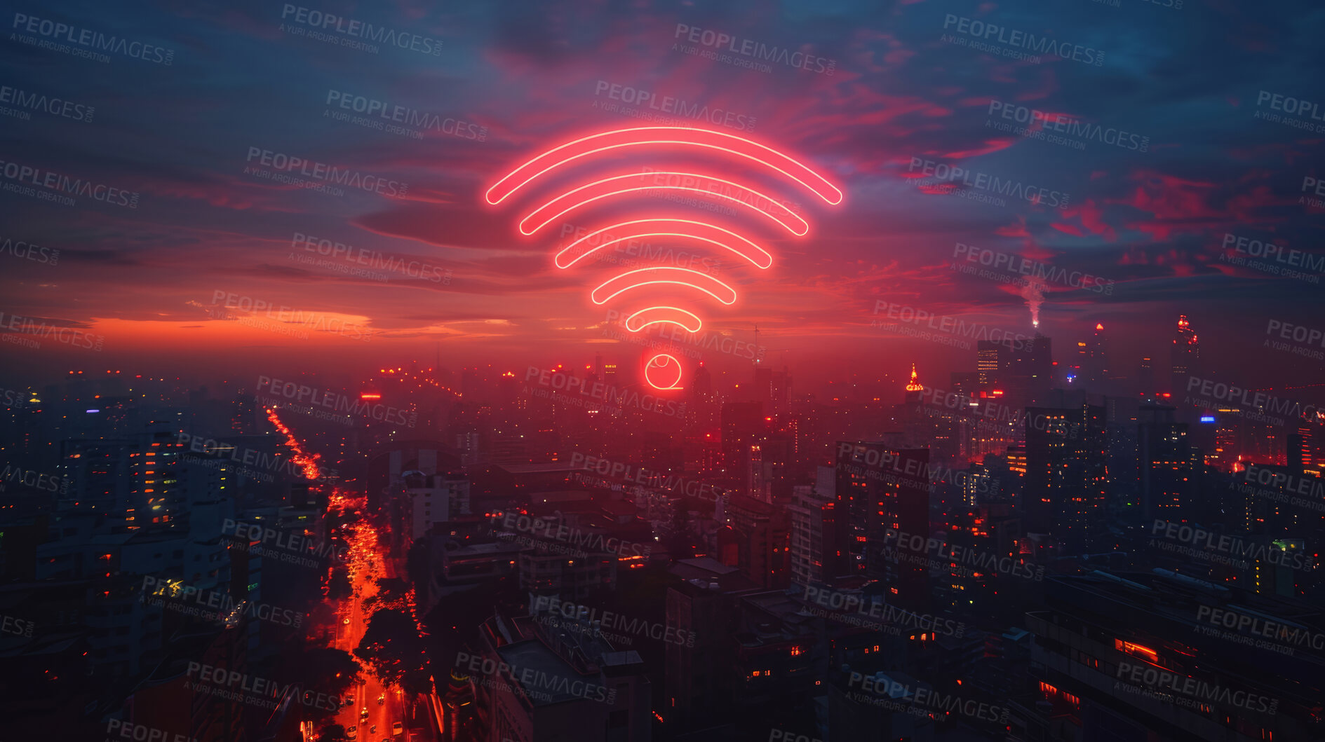 Buy stock photo Wireless connectivity hologram, cityscape and night with sky, digital transformation and futuristic software. Signal icon, skyline and clouds with buildings, internet and global network on landscape