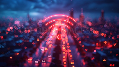 Signal, icon and city connection or abstract by town lights or bokeh at night for communication, technology or future. Cars, traffic and urban building with connectivity skyline, digital or satellite