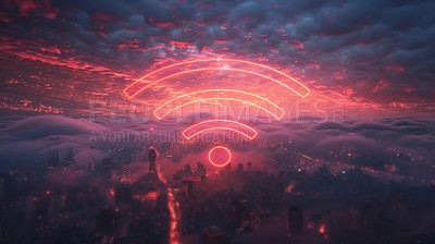 Cityscape, hotspot and connect digital for communication, networking and wireless with technology. Landscape, abstract and aesthetic clouds for conversation, 5g internet and innovation with skyline