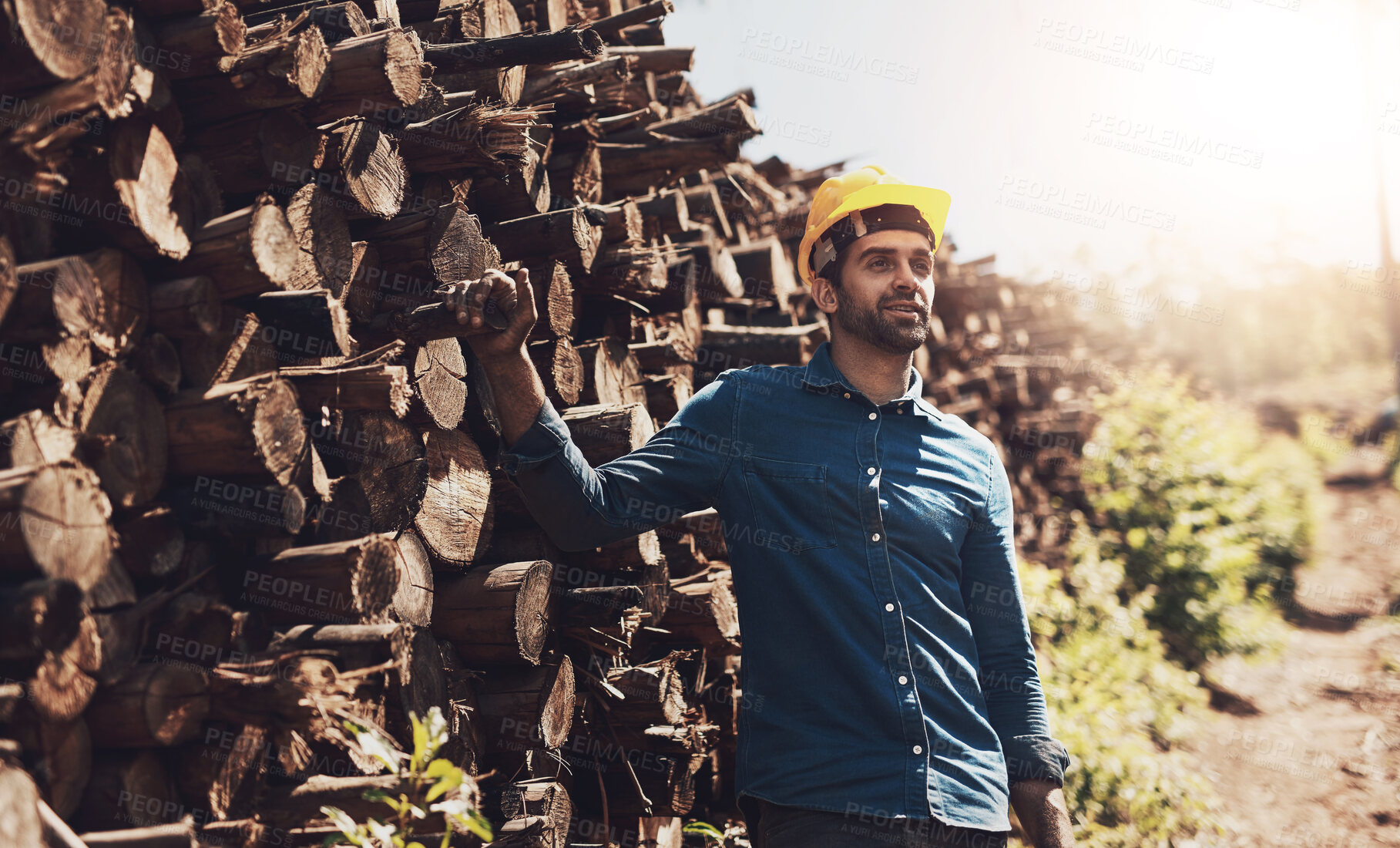Buy stock photo Cropped shot of a lumberjack standing in front of a pile of wood