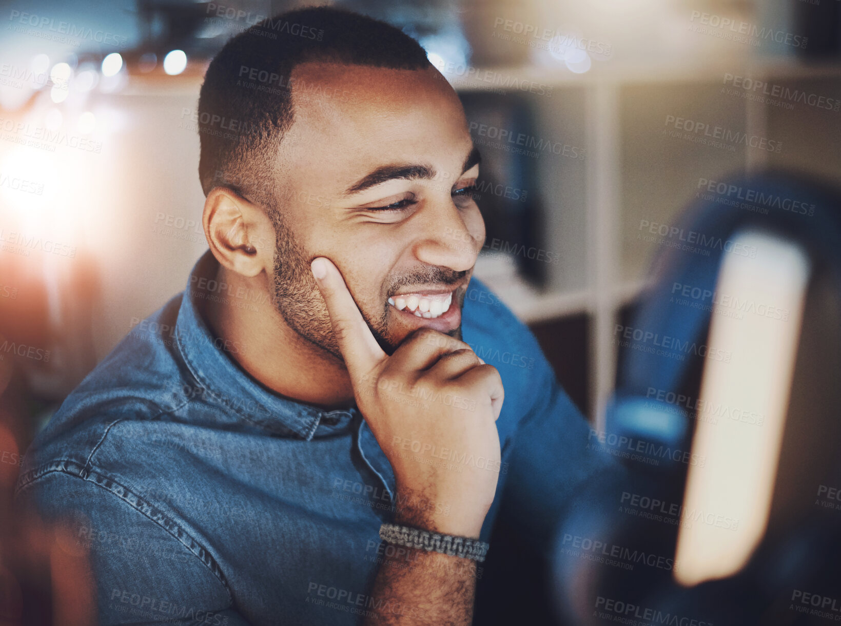 Buy stock photo Black man, home and happy on computer for remote work as IT specialist or consultant and freelancer. Employee, business and smile or proud with website design and development with confidence