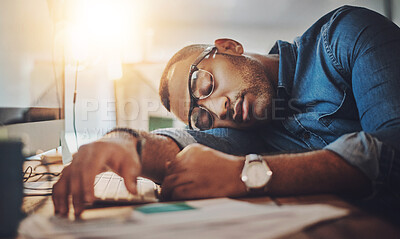 Buy stock photo Businessman, sleeping and night with documents with fatigue, break or burnout on office desk. Tired man or bored employee asleep with paperwork in late evening, overworked or depression at workplace