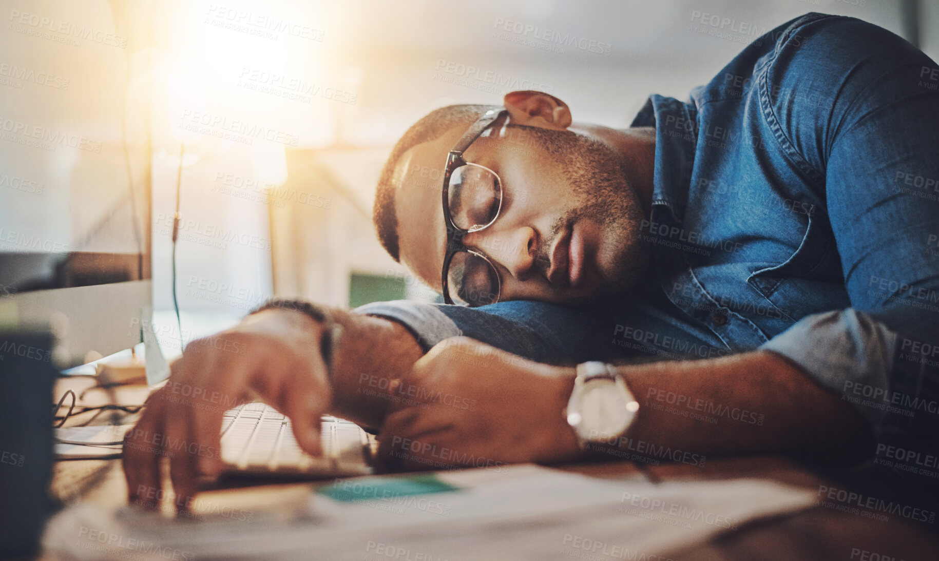 Buy stock photo Businessman, sleeping and night with documents with fatigue, break or burnout on office desk. Tired man or bored employee asleep with paperwork in late evening, overworked or depression at workplace