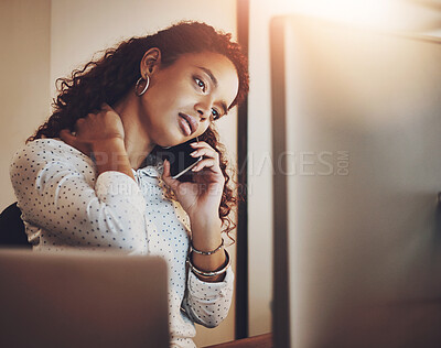 Buy stock photo Phone call, stress and business woman with neck pain in office for communication, contact and online chat. Corporate, professional and person on smartphone with burnout, overworked and muscle strain