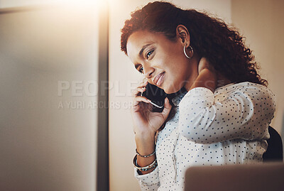 Buy stock photo Business woman, neck pain and injury with phone call for communication in stress, debt or mistake at office. Female person or young employee working late on mobile smartphone with sore ache or muscle