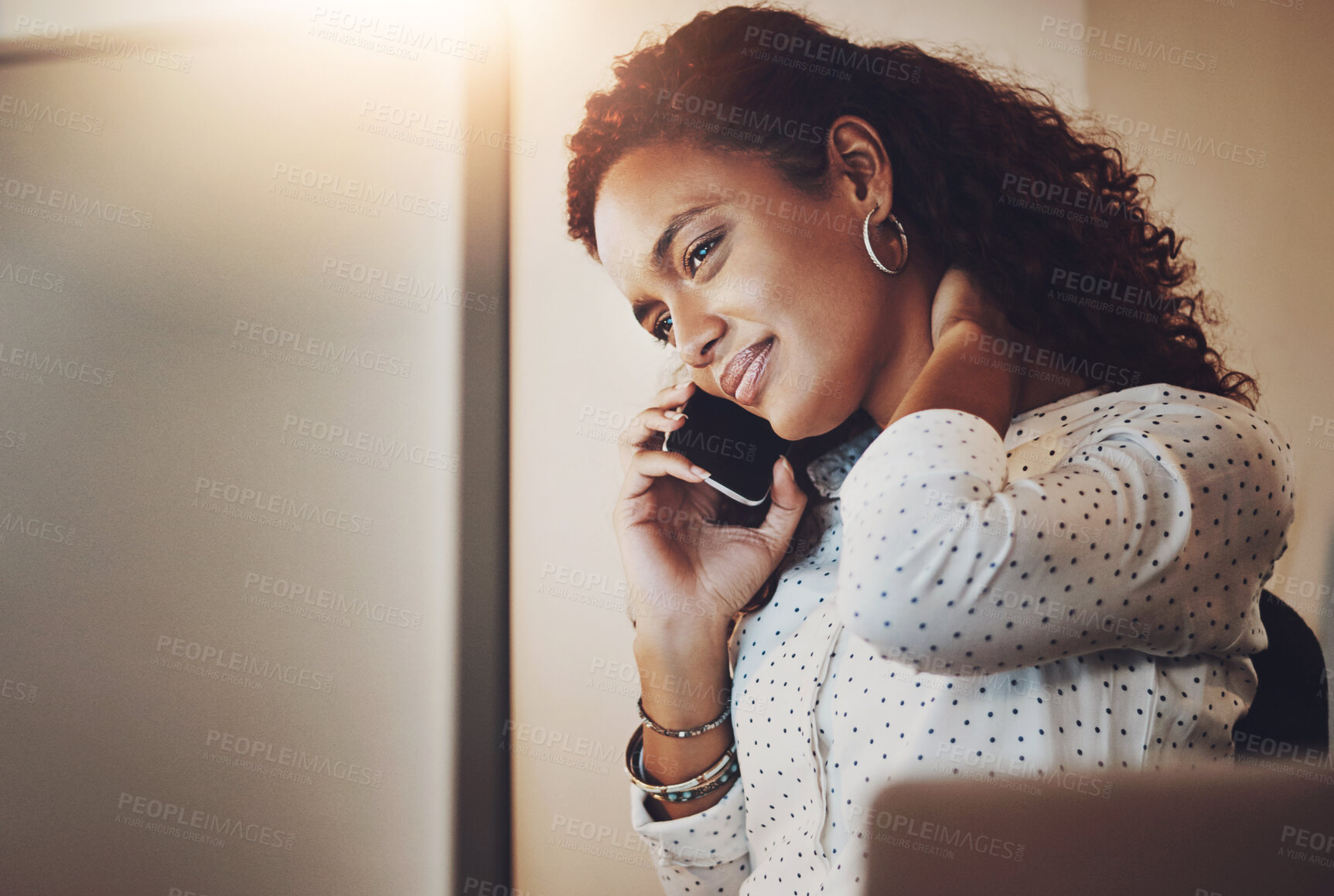 Buy stock photo Business woman, neck pain and injury with phone call for communication in stress, debt or mistake at office. Female person or young employee working late on mobile smartphone with sore ache or muscle