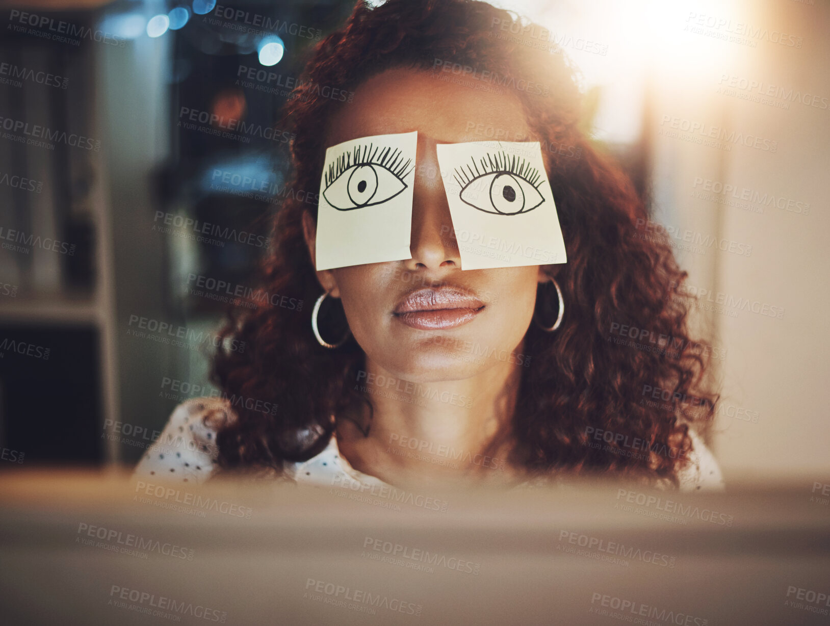 Buy stock photo Business woman, eyes and night with sticky notes to hide sleep, emotion or expression at office desk. Face of female person with paper to mask depression, anxiety or stress in fatigue at workplace