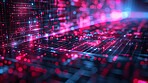 Lights, futuristic and connection for cyber server, big data and circuit board in 3d, softwear for digital program. Design, information and technology computing, cybersecurity or electronic neon
