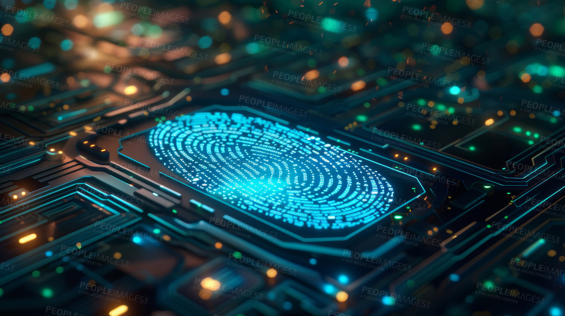 Buy stock photo Biometric, technology and data in system with fingerprint for cybersecurity, scan or algorithm. Network, icon and circuit with graphic of binary diagnostic for access control, database or information