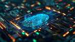 Fingerprint, cyber and circuit board in 3d, futuristic and biometirc softwear for security program. Connection, information technology and sever in digital computing, cybersecurity and electronic