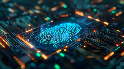 Fingerprint, cyber and circuit board in 3d, futuristic and biometirc softwear for security program. Connection, information technology and sever in digital computing, cybersecurity and electronic