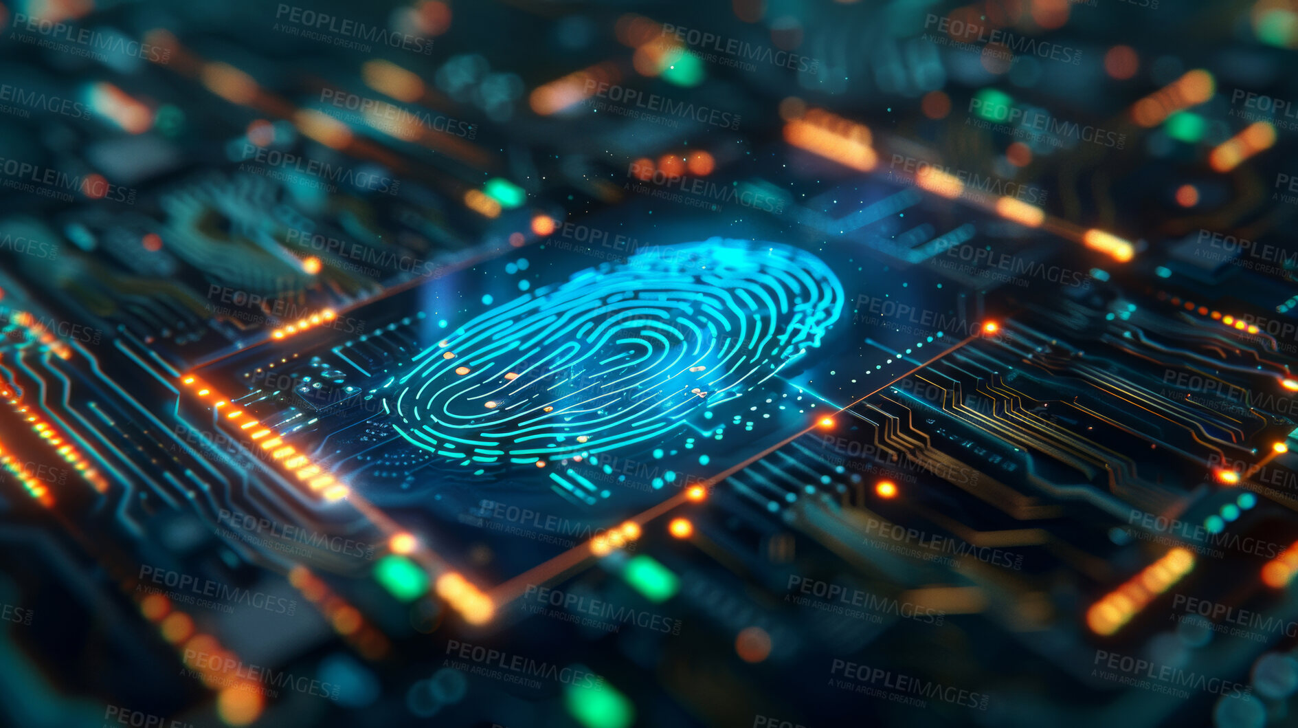 Buy stock photo Fingerprint, cyber and circuit board in 3d, futuristic and biometirc softwear for security program. Connection, information technology and sever in digital computing, cybersecurity and electronic