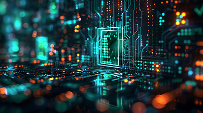 Circuit board, abstract background and electricity for information technology, big data and futuristic server. Computer hardware, digital cpu and communication for cybersecurity and neon motherboard