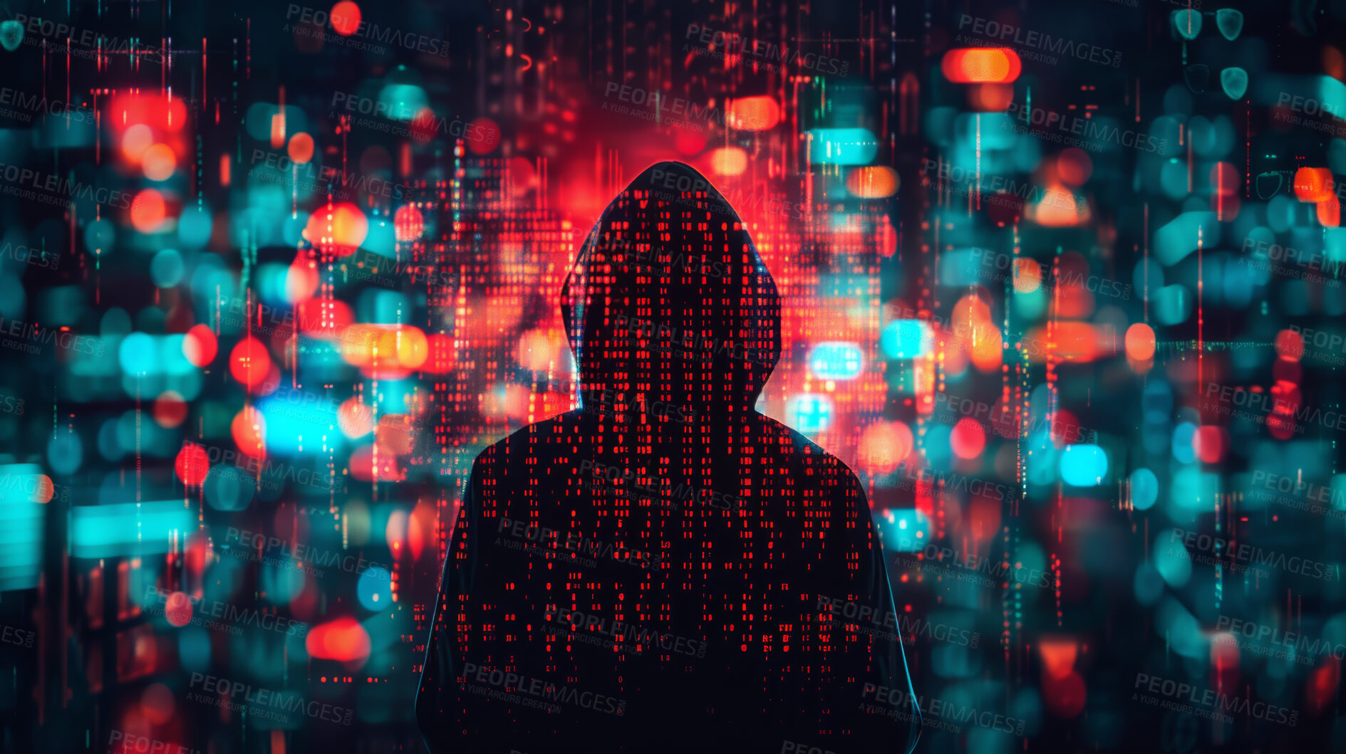 Buy stock photo Abstract, code and night with hacker person reading programming language for phishing. Cybersecurity, information technology and ransomware with cloud computing silhouette in matrix for innovation