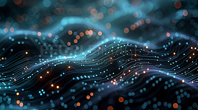 Neon, waves and illustration of particles for connection or cybersecurity and futuristic technology for digital transformation. Big data, network and energy for programming, software and computing