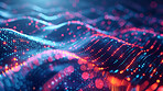 Neon, waves and illustration of particles for connection or cybersecurity and futuristic technology for digital transformation. Big data, network and energy for programming, software and computing