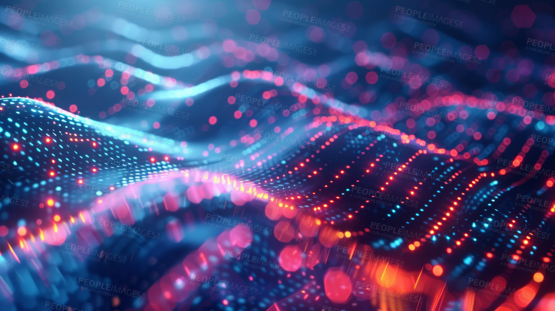 Buy stock photo Neon, waves and lines of particles for connection or cybersecurity and futuristic technology for digital transformation. Big data, network and energy for programming, software and cloud computing.