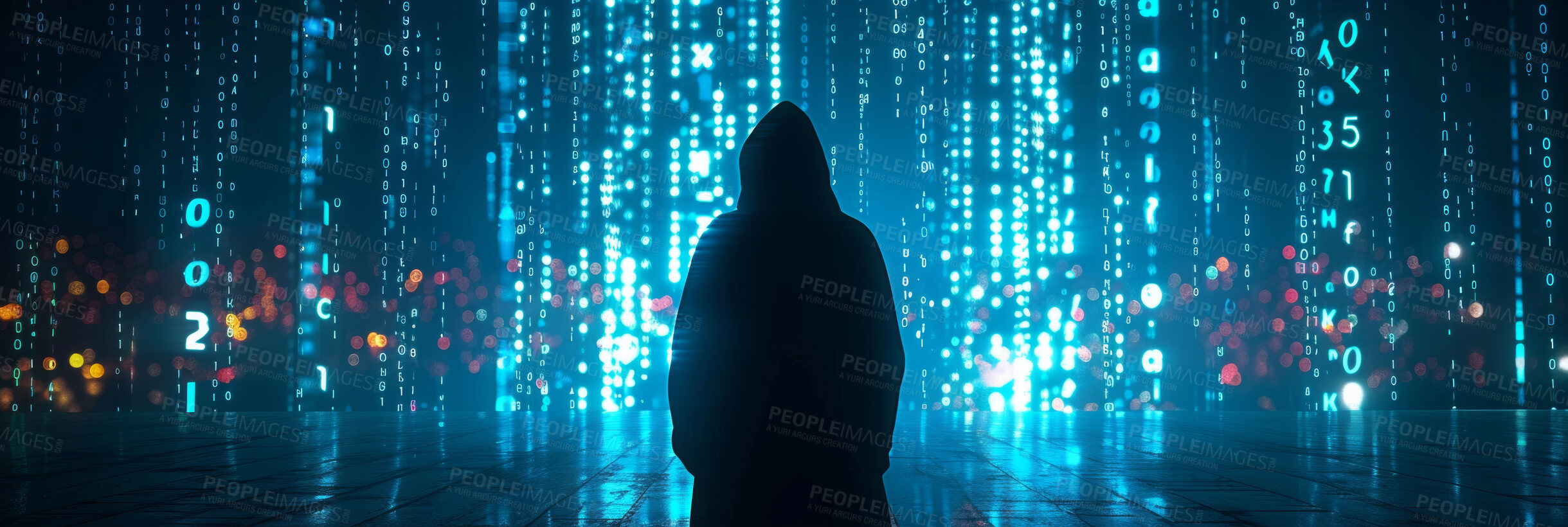 Buy stock photo Code, cybersecurity and database with silhouette of hacker on programming language for phishing. Banner, information technology and ransomware with cloud computing person in matrix for innovation