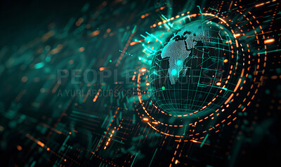 Global network, connection and electronic database with futuristic grid overlay for cloud computing. Digital communication, cyber security and data protection with holographic pattern of world server