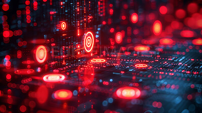 Network, digital transmission and cloud computing for company database storage with neon red pattern. Programming, code and website server with futuristic texture and light for abstract background