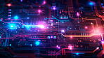 Neon, circuit and motherboard of computer with cpu for cloud computing, server or cybersecurity. Information technology, graphic and microchip with system for digital abstract, innovation or big data