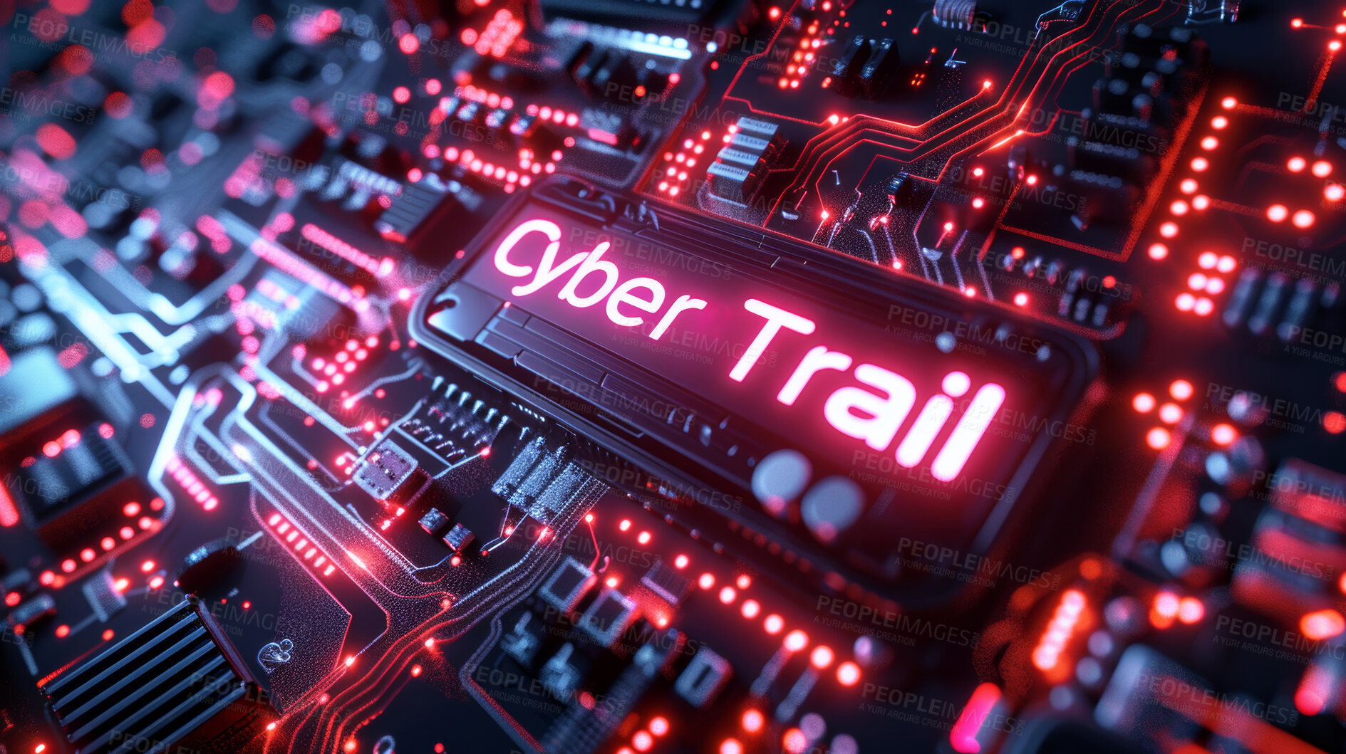 Buy stock photo Network, circuit and motherboard of technology with cpu for cyber trail, abstract and cloud computing. Cybersecurity, system and neon graphic of server for big data, encryption or database innovation