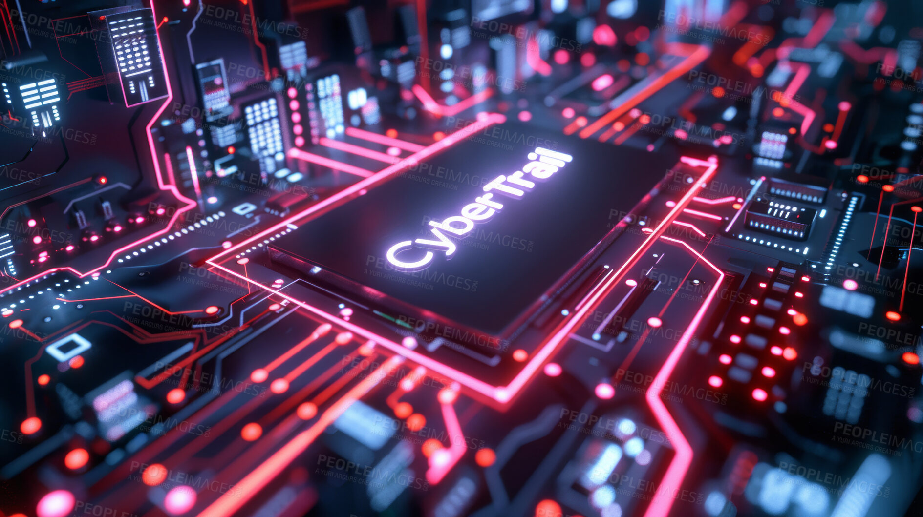 Buy stock photo Network, data and motherboard of circuit with cpu for cloud computing, graphic and cyber trail. Information technology, system and neon abstract of server for cybersecurity, database and innovation