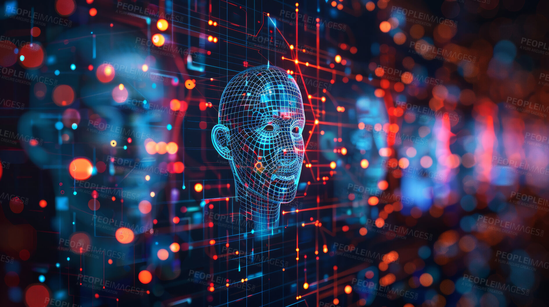 Buy stock photo Face hologram, future and interface with dashboard of code or program for database networking. Digital, innovation and metaverse with futuristic biometric analysis on HUD or screen for research