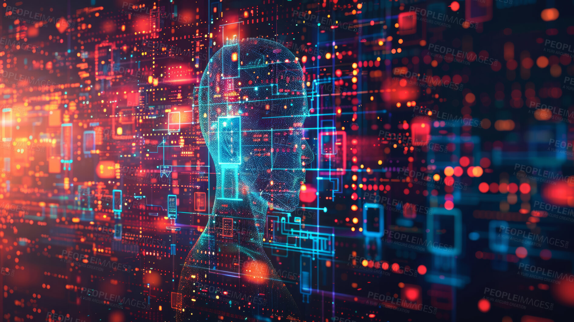 Buy stock photo Hologram, engineering and futuristic in cybersecurity and computing, abstract and connection. Digital, transmission and tech in data, network or firewall for protection, communication or blockchain